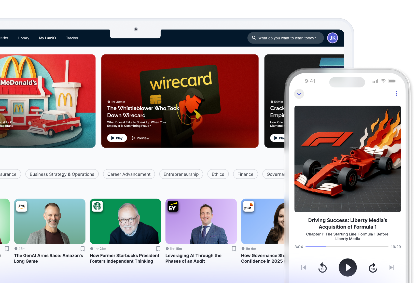 LumiQ app on mobile in front of LumiQ app on a desktop showing multiple episode cards.