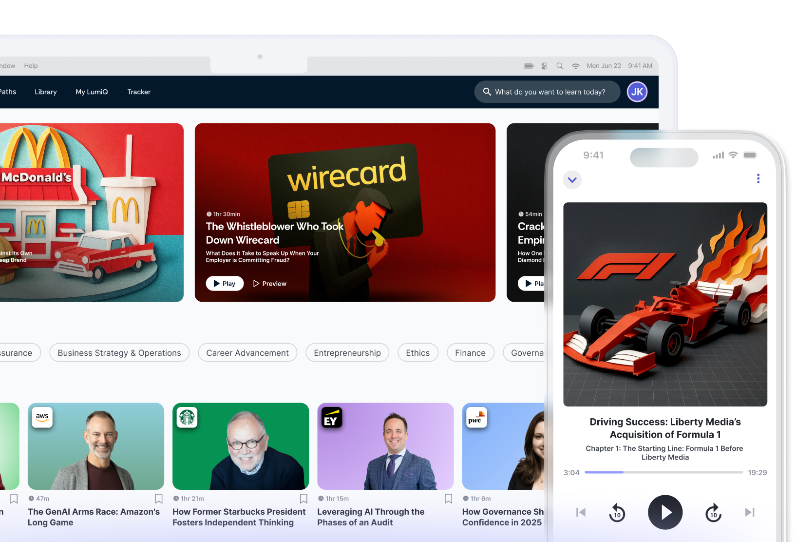 LumiQ app on mobile in front of LumiQ app on a desktop showing multiple episode cards.