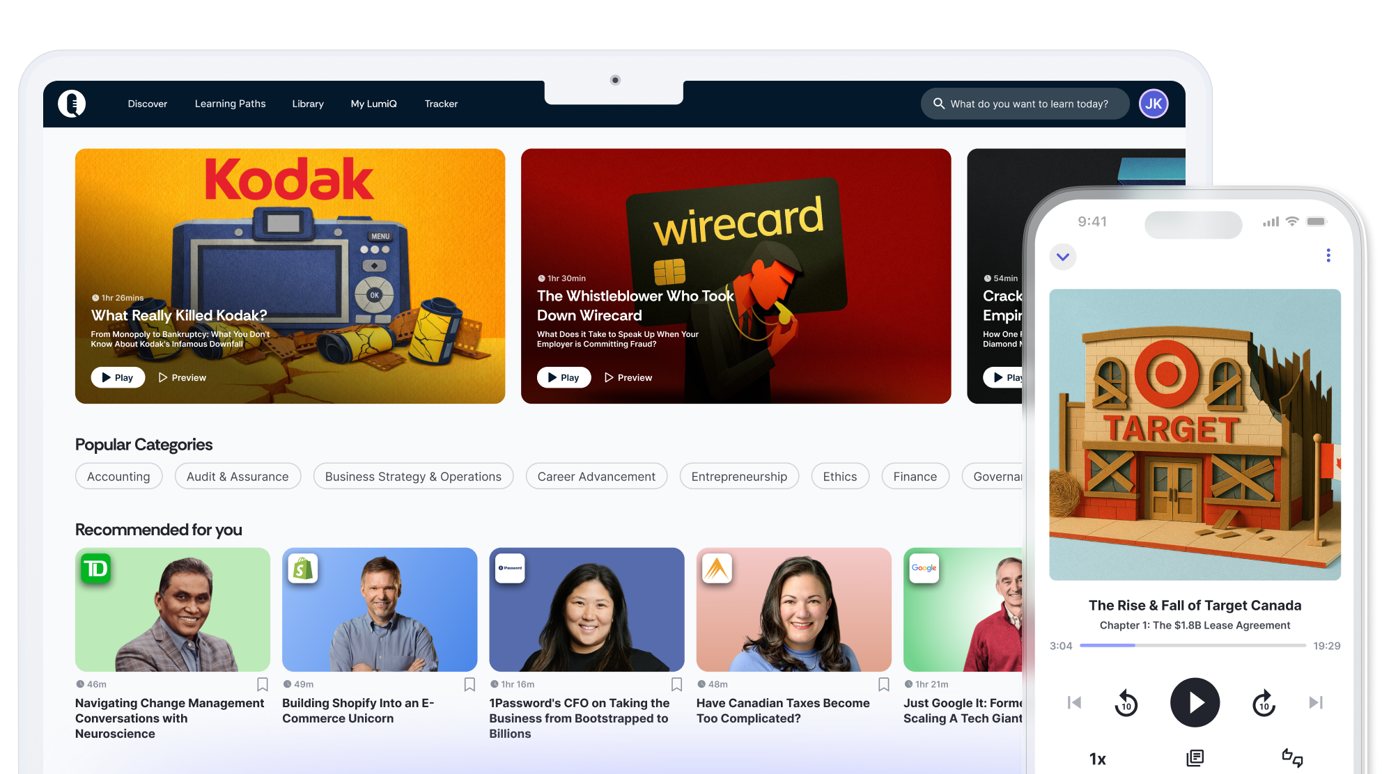 LumiQ app on mobile in front of LumiQ app on a desktop showing multiple episode cards.