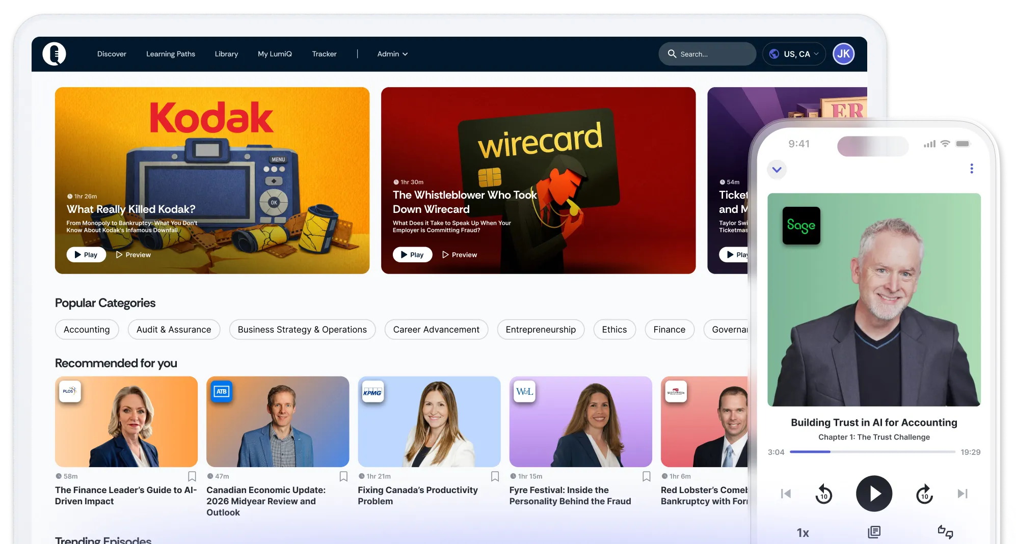 LumiQ app on mobile in front of LumiQ app on a desktop showing multiple episode cards.