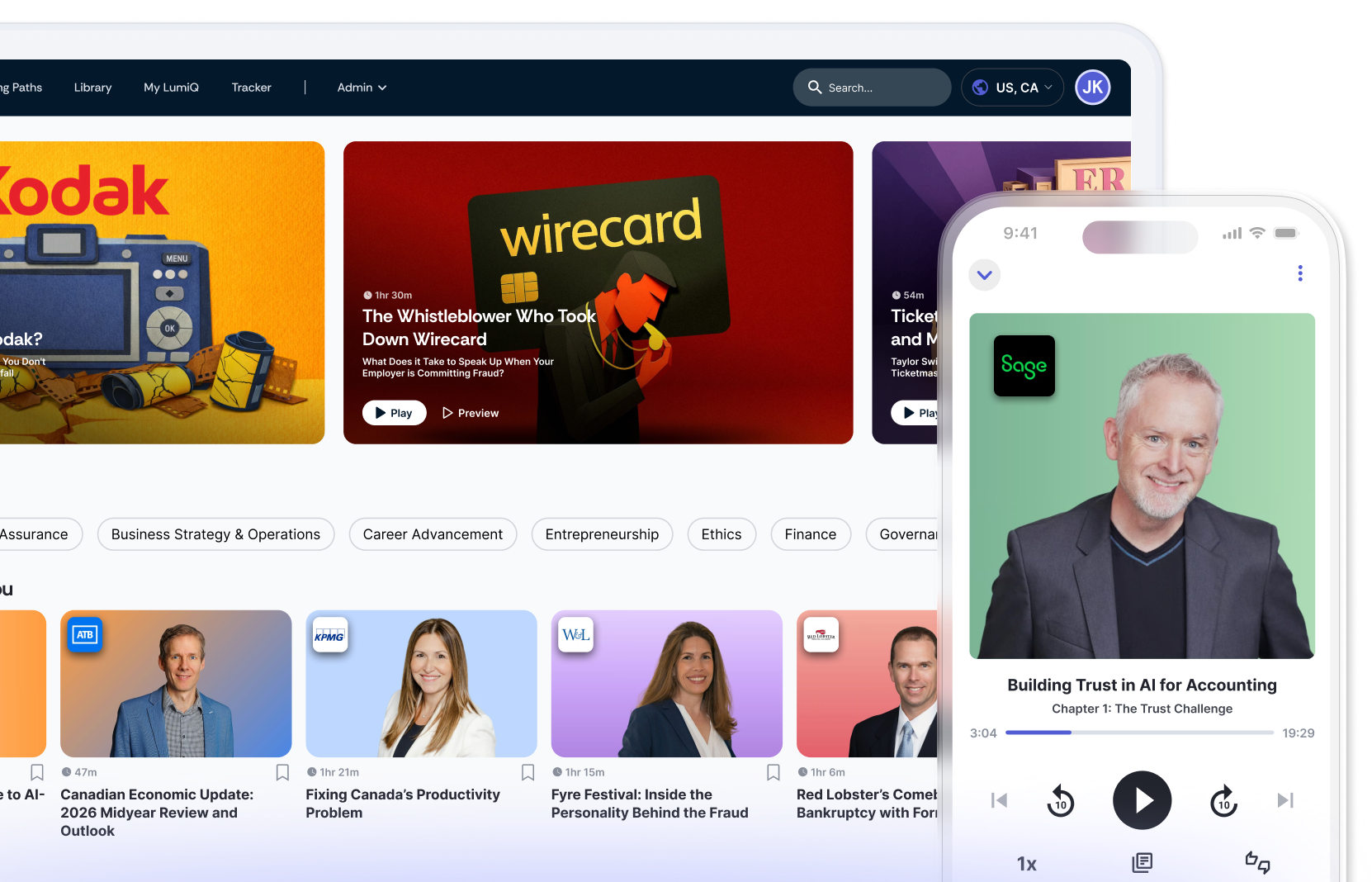 LumiQ app on mobile in front of LumiQ app on a desktop showing multiple episode cards.