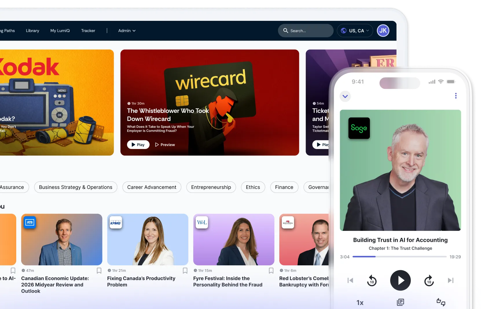 LumiQ app on mobile in front of LumiQ app on a desktop showing multiple episode cards.