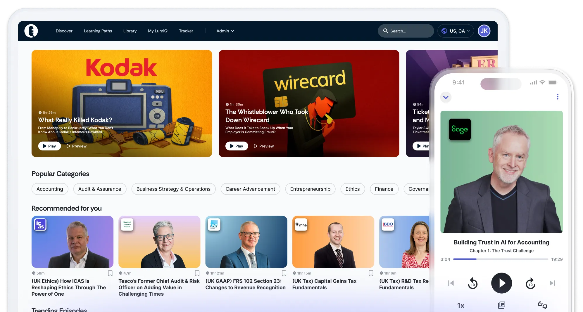 LumiQ app on mobile in front of LumiQ app on a desktop showing multiple episode cards.