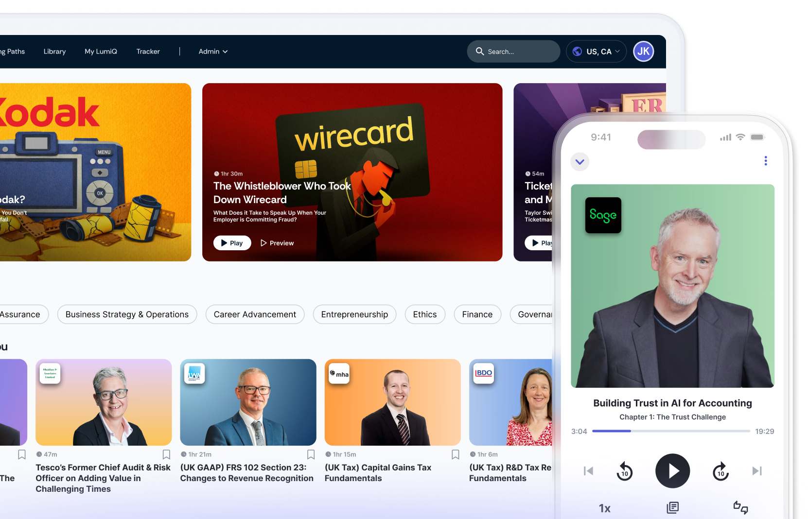 LumiQ app on mobile in front of LumiQ app on a desktop showing multiple episode cards.