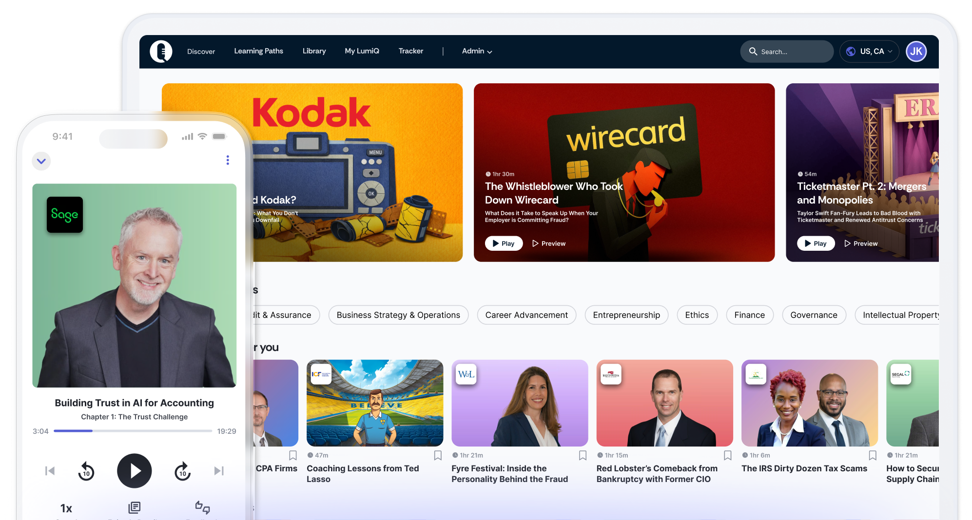 Mobile device showing LumiQ app in front of LumiQ's desktop app showing episode cards