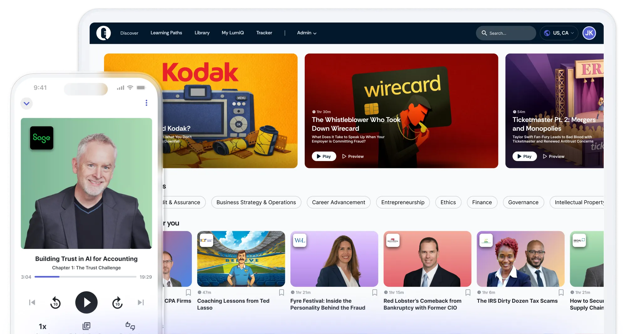 Mobile device showing LumiQ app in front of LumiQ's desktop app showing episode cards