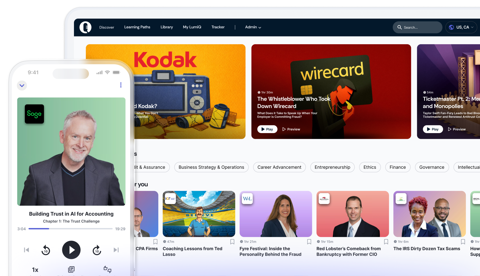 Mobile device showing LumiQ app in front of LumiQ's desktop app showing episode cards