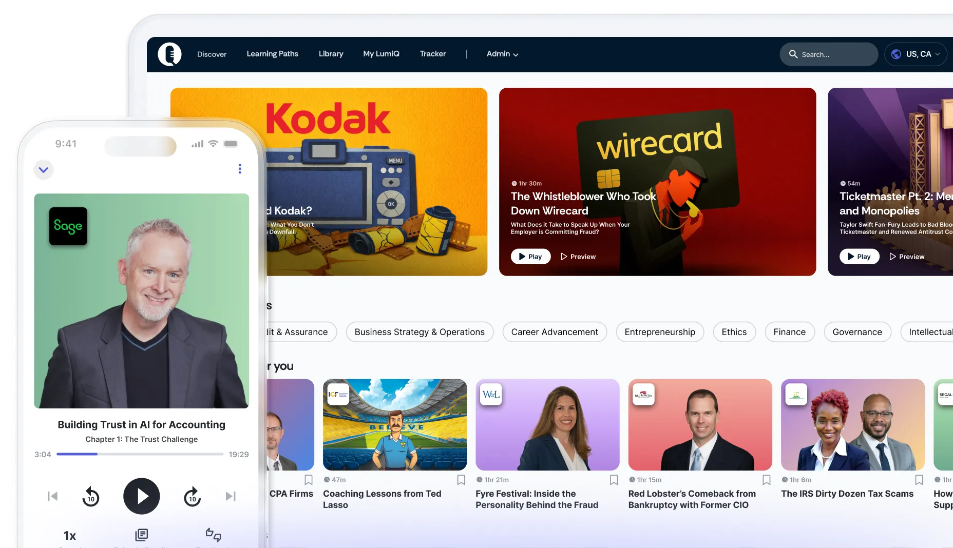 Mobile device showing LumiQ app in front of LumiQ's desktop app showing episode cards