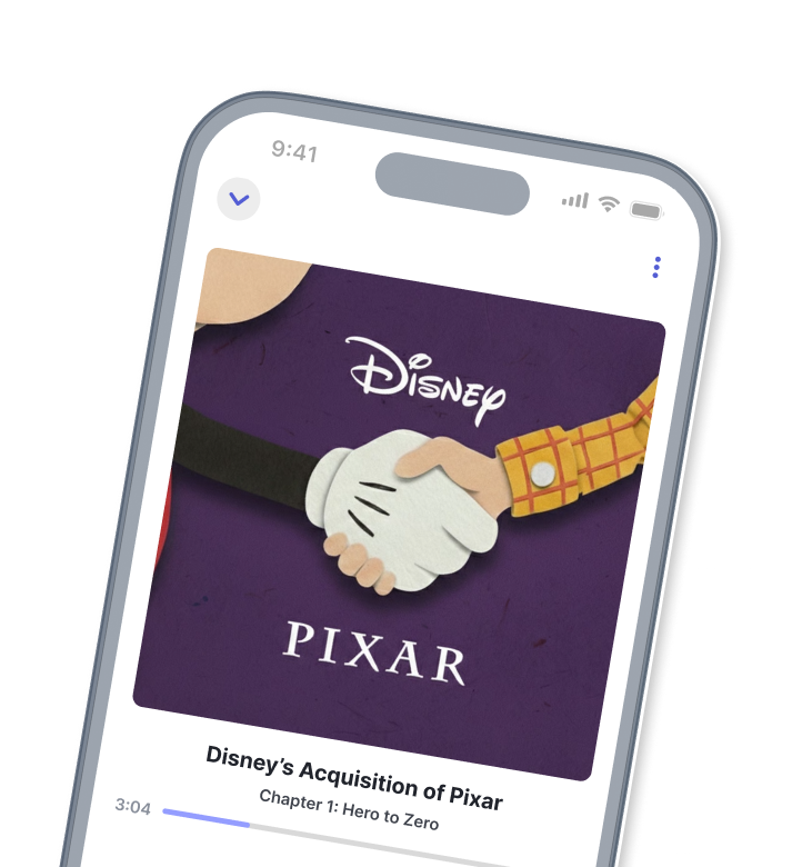 Mobile device showing the LumiQ app featuring the episode "Disney's Acquisition of Pixar"