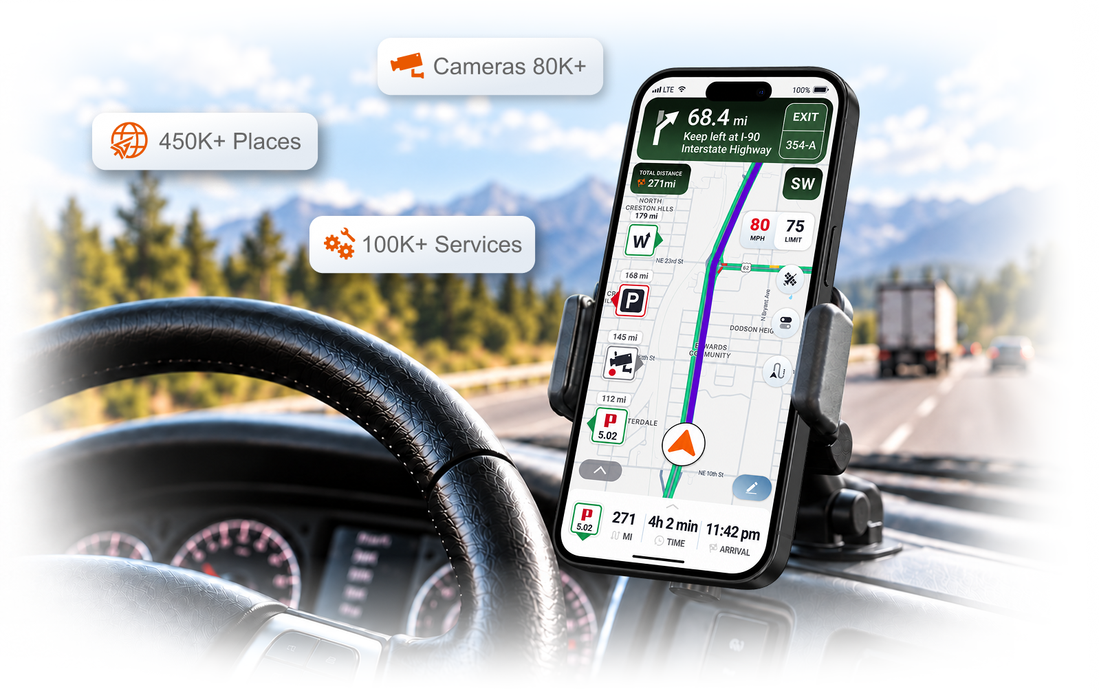 Trucker Guide navigation app with truck services, parking places and traffic cameras