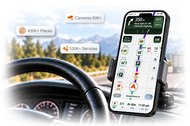 Trucker Guide navigation app with truck services, parking places and traffic cameras