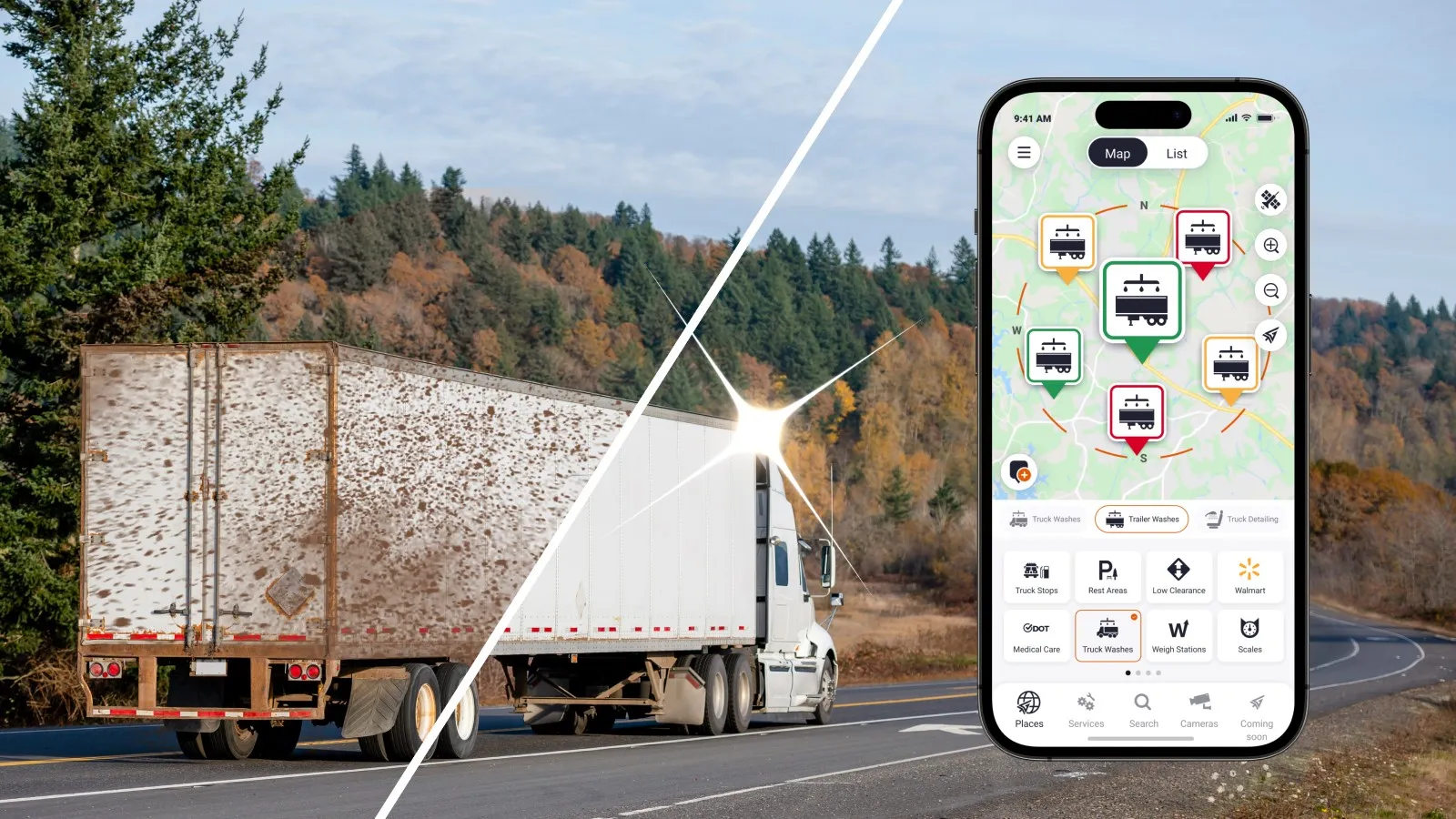 Trucker Guide app showing nearby reefer washout services