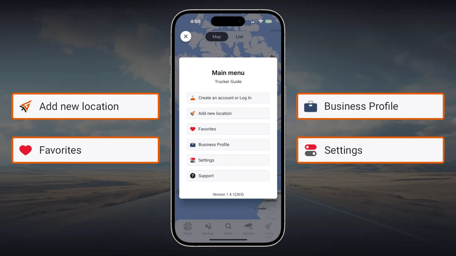 Trucker Guide main menu settings for adding locations, saving favorites, managing business profiles, viewing fuel prices, and changing distance units.