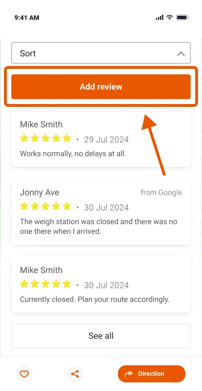 Trucker Guide weigh station screen showing the option to add a review and share driver feedback.