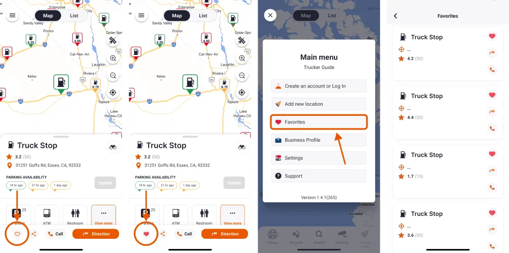 Trucker Guide location screen showing how to save truck stops and services to Favorites using the heart icon.