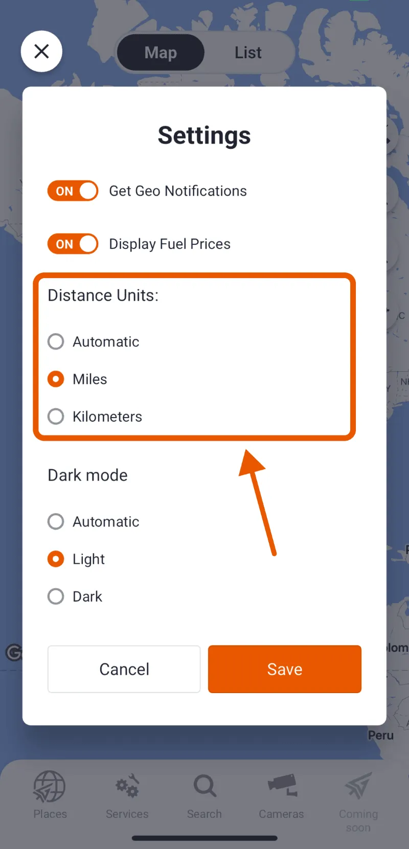Trucker Guide settings showing distance unit options in miles, kilometers, and automatic mode for easier route planning.