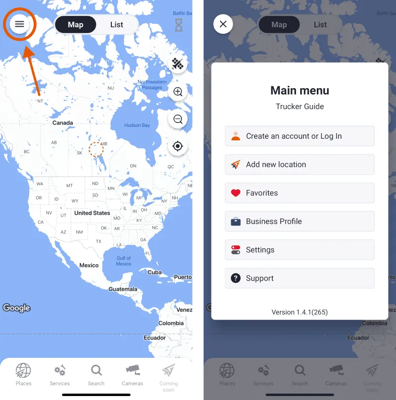 Trucker Guide navigation menu showing settings and customization options for a personalized trucking experience.