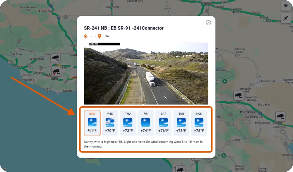 Trucker Guide showing a weekly weather forecast below live traffic cameras for safer trip planning.