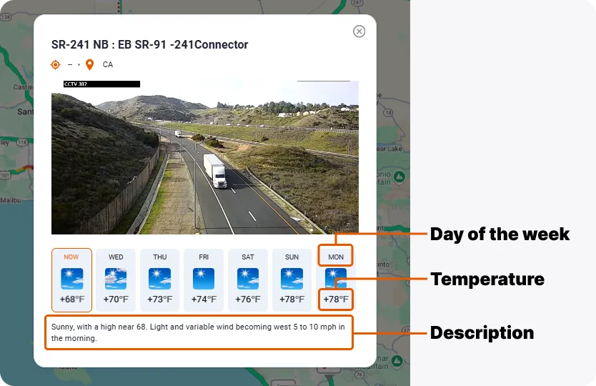 Trucker Guide weather forecast showing temperature, cloud cover, and visibility conditions along a trucker’s route.