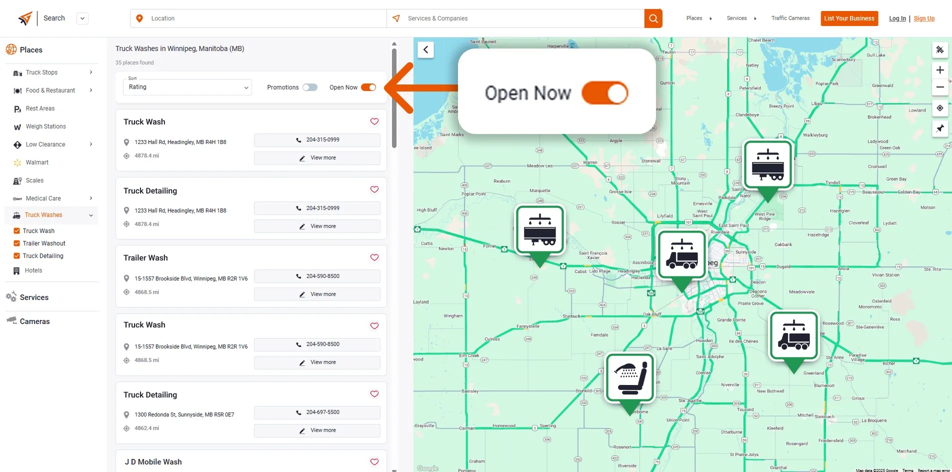 Map interface showing truck wash locations with green icons for open services and red icons for closed services, illustrating the “Open Now” filter for quick route planning.