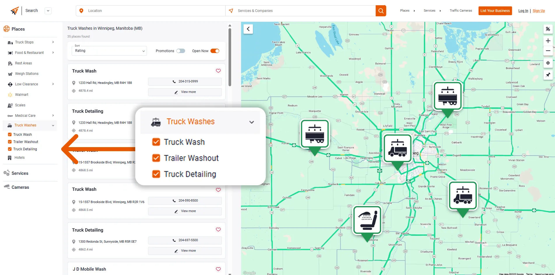 Trucker Guide map showing truck wash locations and service options for truckers.
