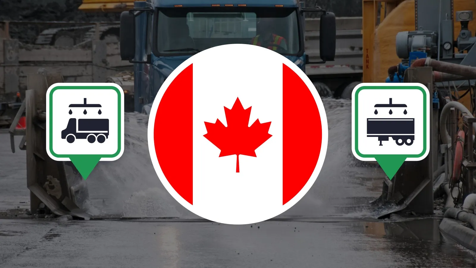 Canadian flag icon between two transit signs on a city street, representing truck wash locations across Canada.