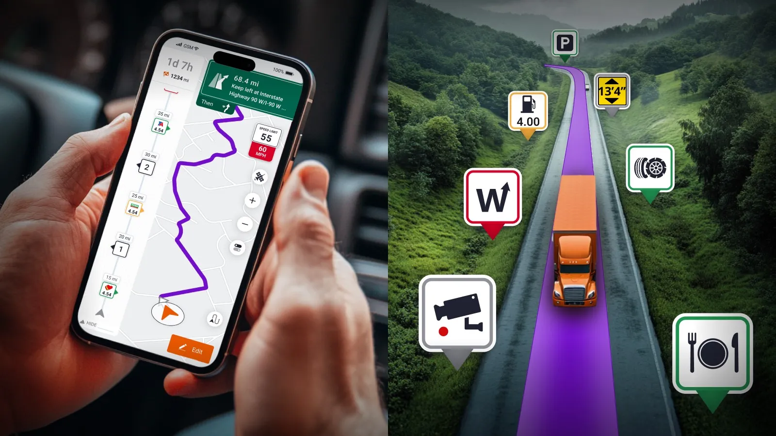 Trucker Guide navigation app displayed on a smartphone for truck route planning