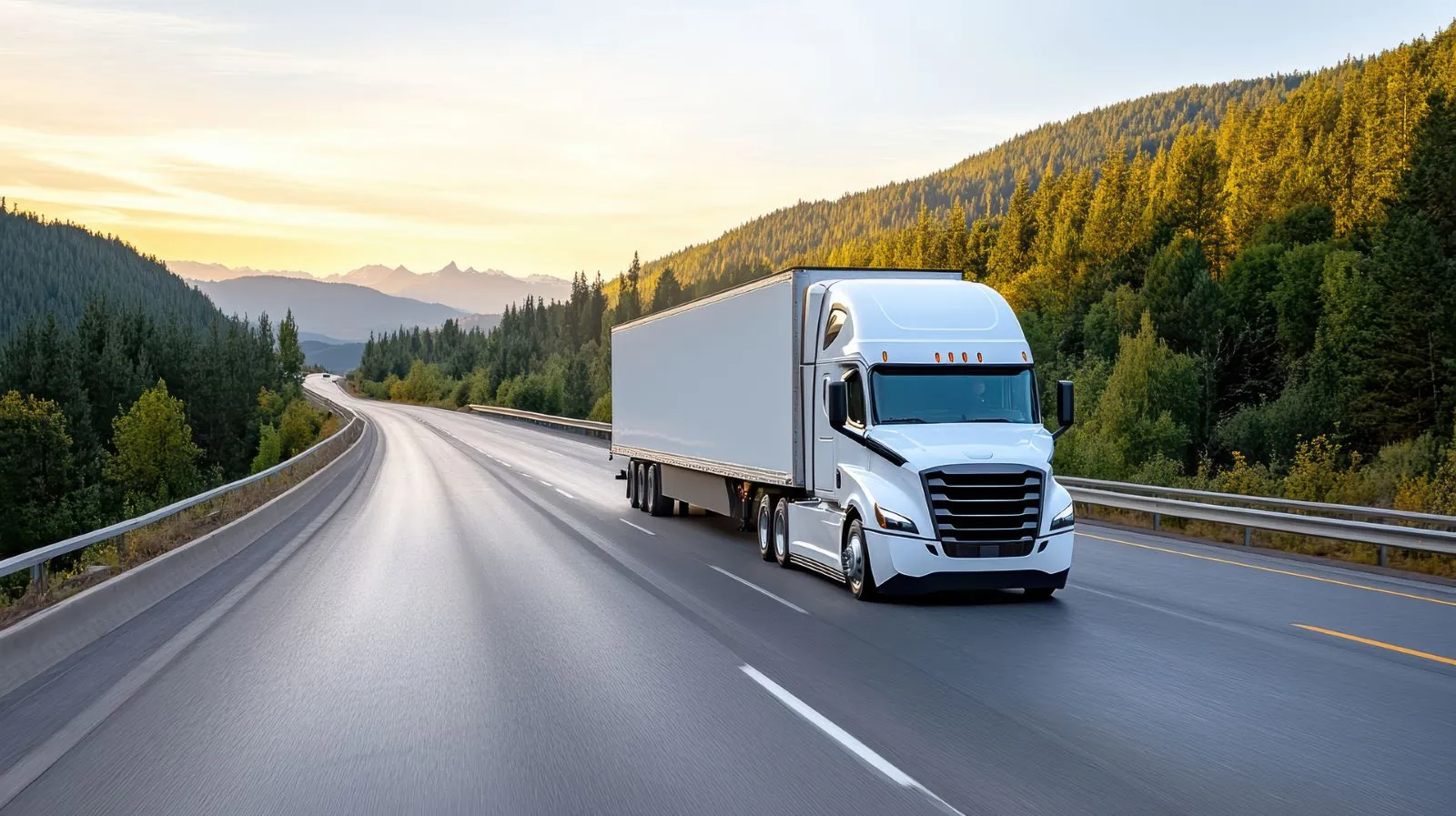 White semi-truck traveling on a mountain highway in windy conditions