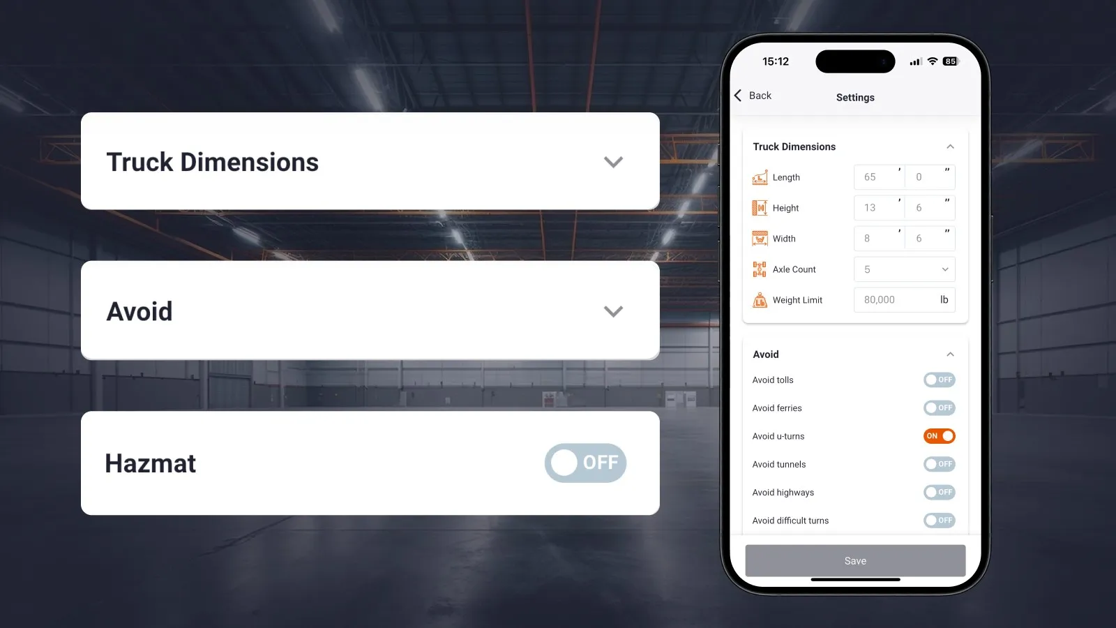 Trucker Guide Navigation lets drivers set custom route preferences for better trip planning and compliance.