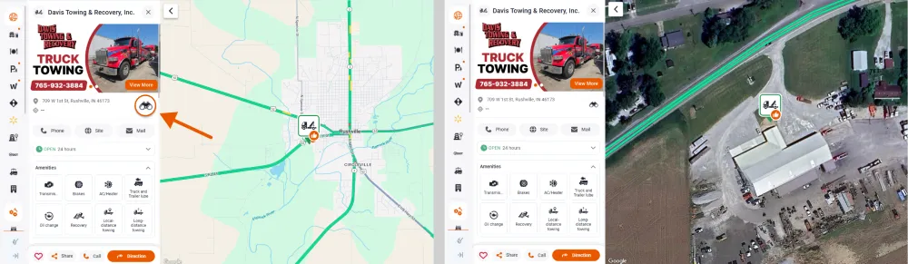 Trucker Guide company cards let drivers automatically zoom in on locations to check entrances, roadside access, and other key details.