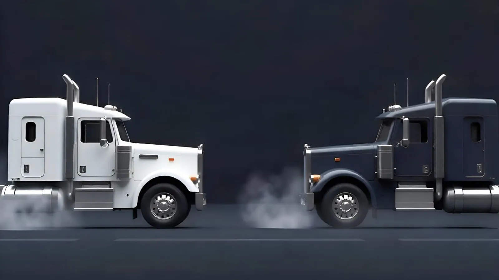 Two semi-trucks facing each other on a dark road with smoke or dust between them