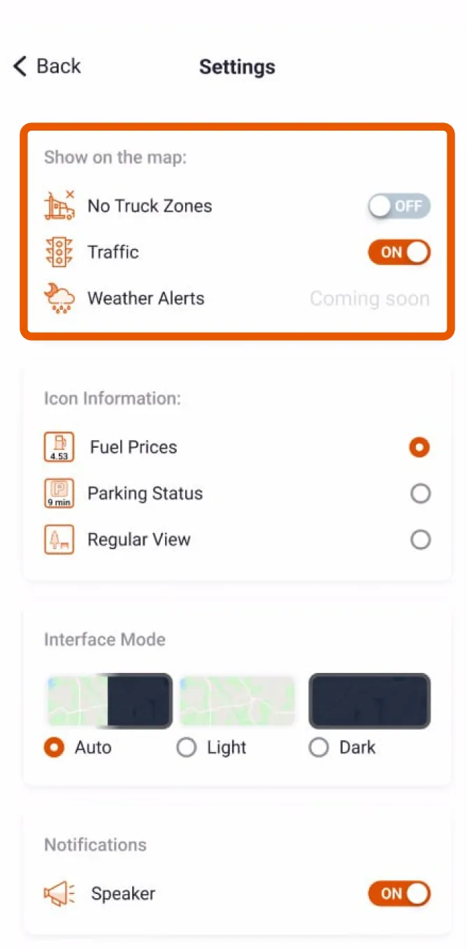 Trucker Guide navigation settings showing options for no-truck zones, live traffic, and weather alerts.