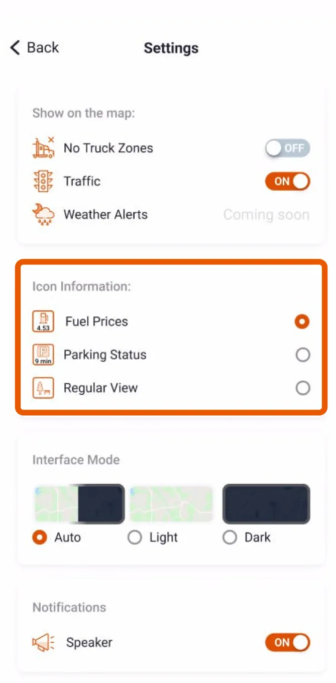 Trucker Guide navigation bar showing diesel prices, parking availability, and standard view options.