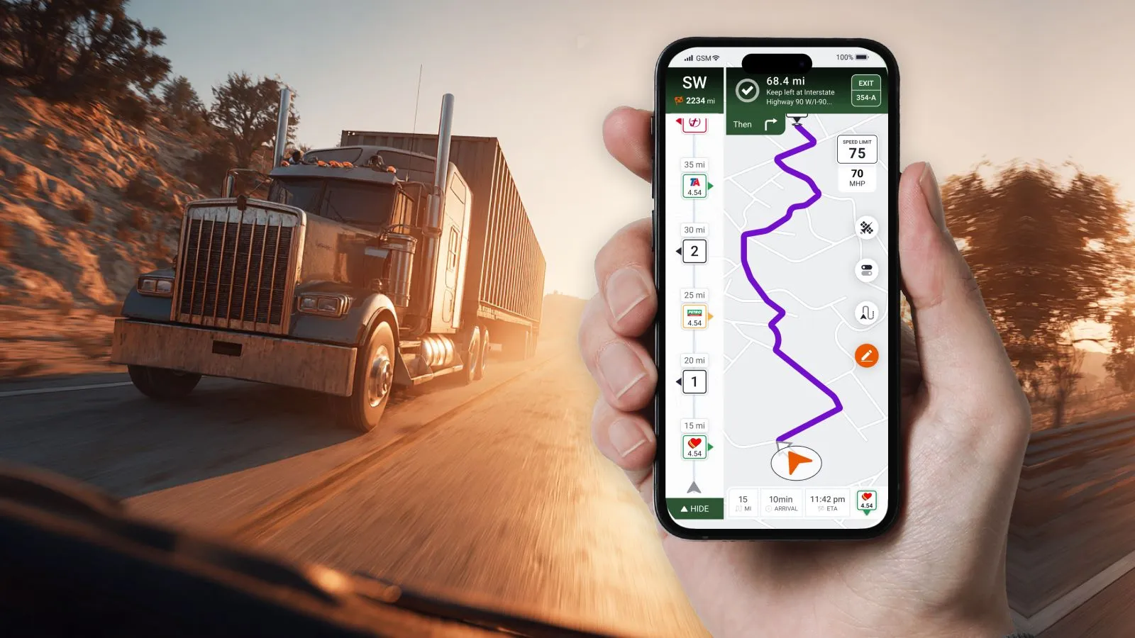 Trucker Guide navigation app showing smart truck routing with real-time traffic and truck-specific tools.