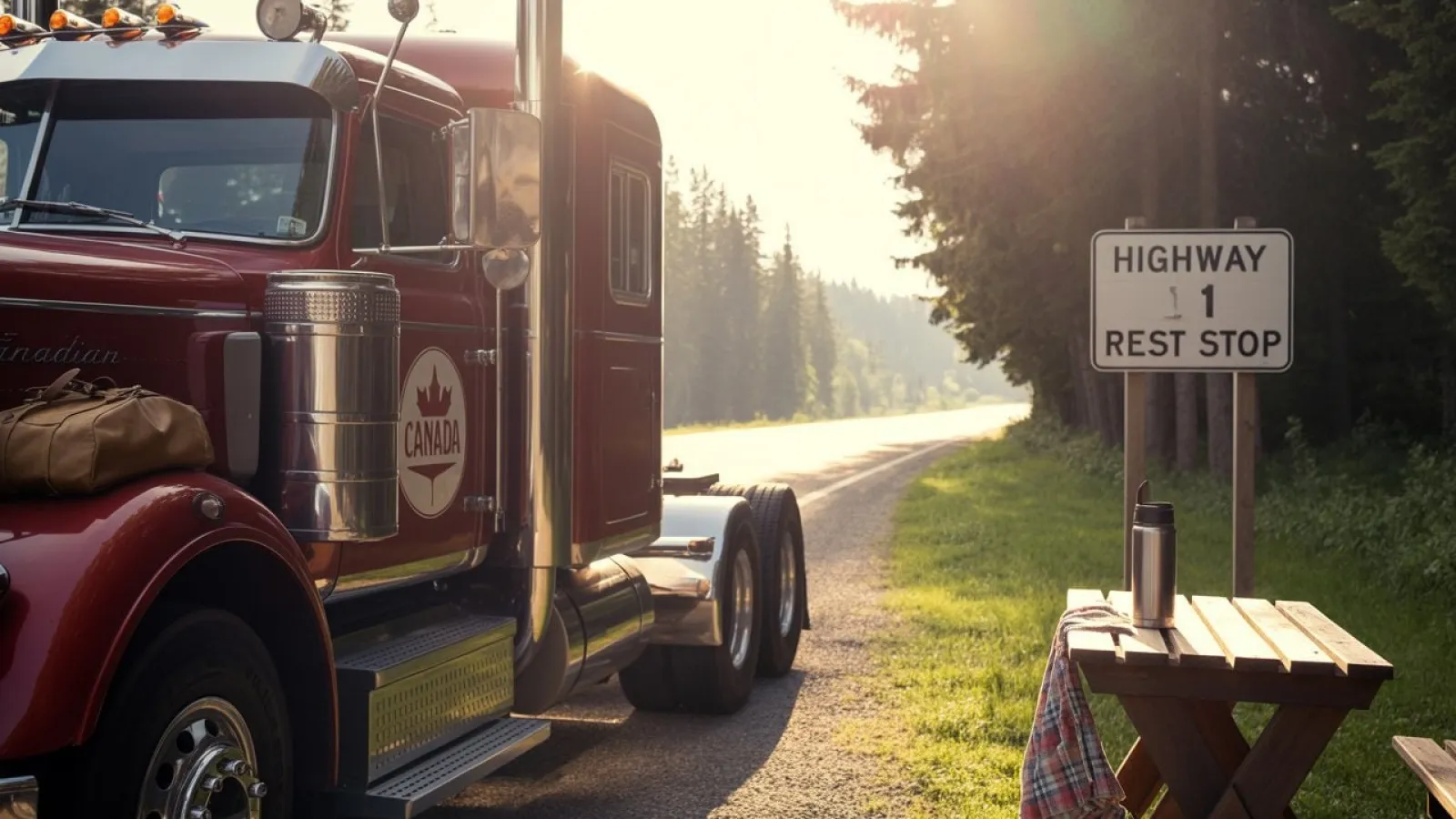 Vintage red truck parked at a Canadian rest area