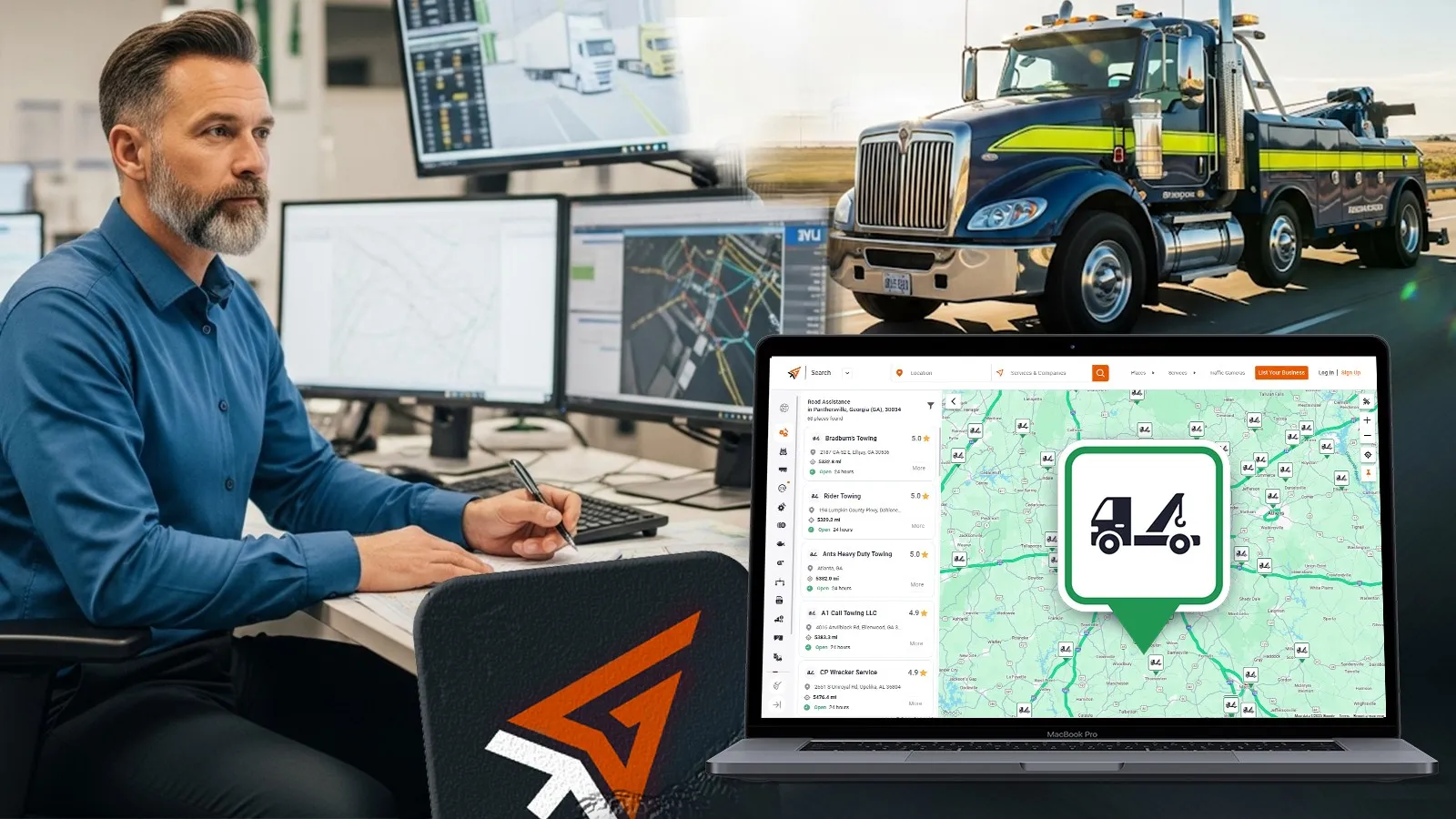 Trucker Guide map showing nearby mobile truck towing services with real-time information, promotions, and filtering options.