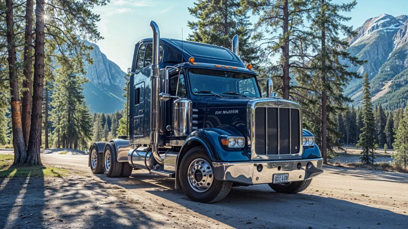 Blue semi-truck parked on a forest road, surrounded by tall pine trees