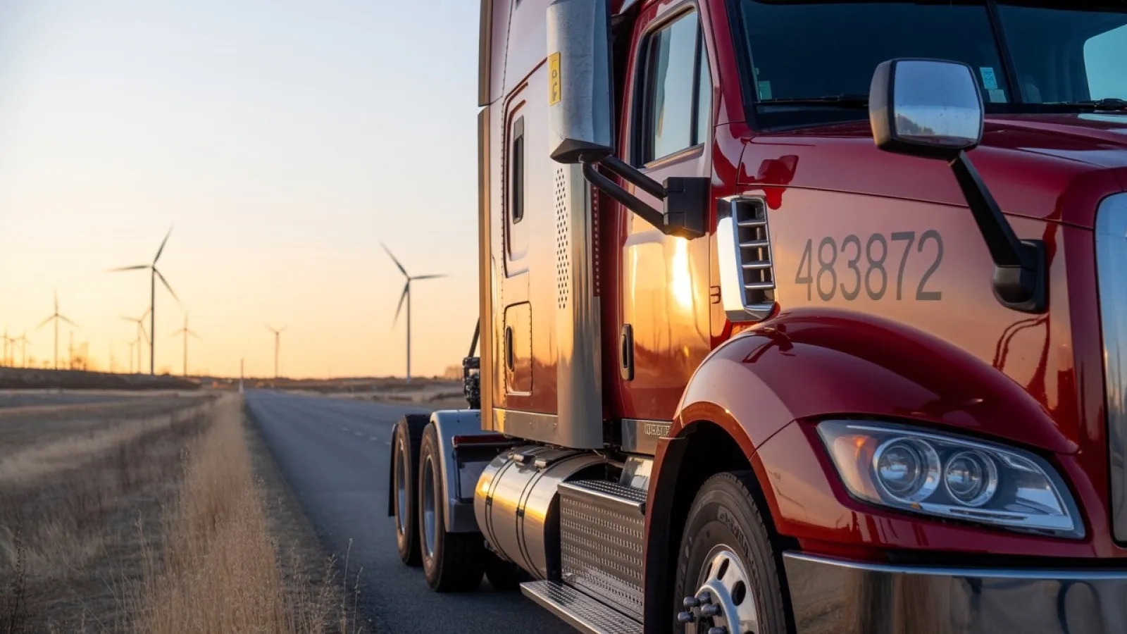 Close-up of a polished red semi-truck cab on a highway at sunset
