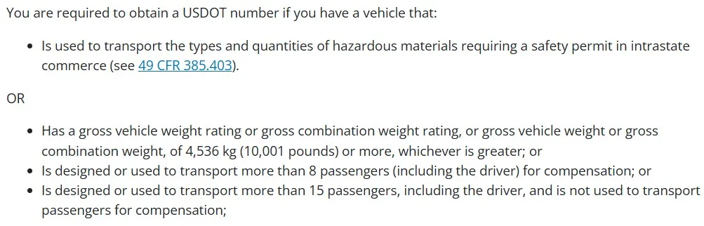 USDOT number requirements for hazmat carriers, vehicles over 10,001 pounds, and passenger transport