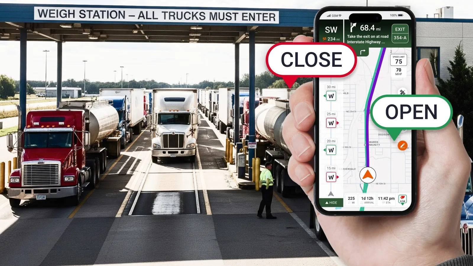 Trucker Guide app showing a truck approaching a weigh station, with the station status displayed as open or closed.