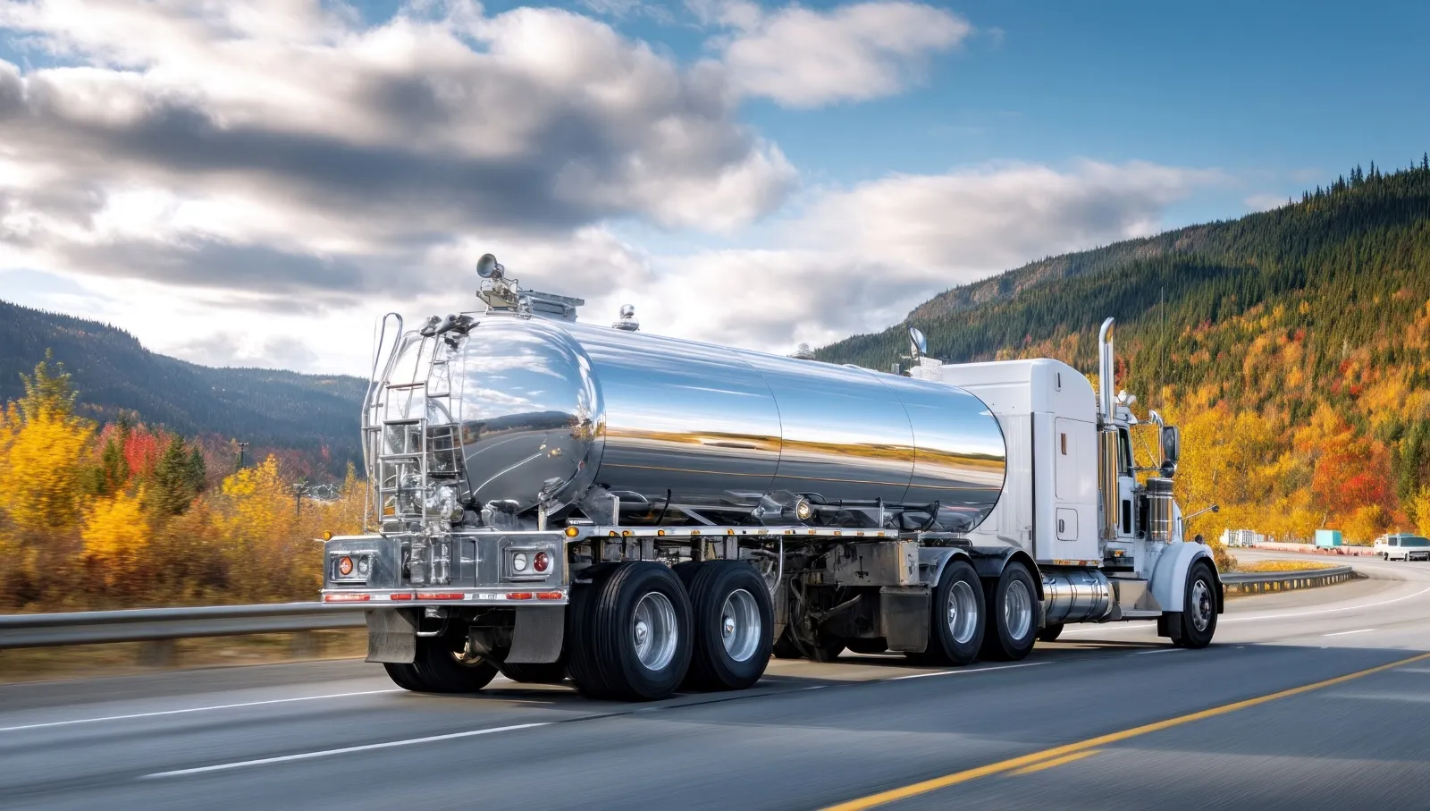 A silver tanker truck drives on a highway with autumn trees