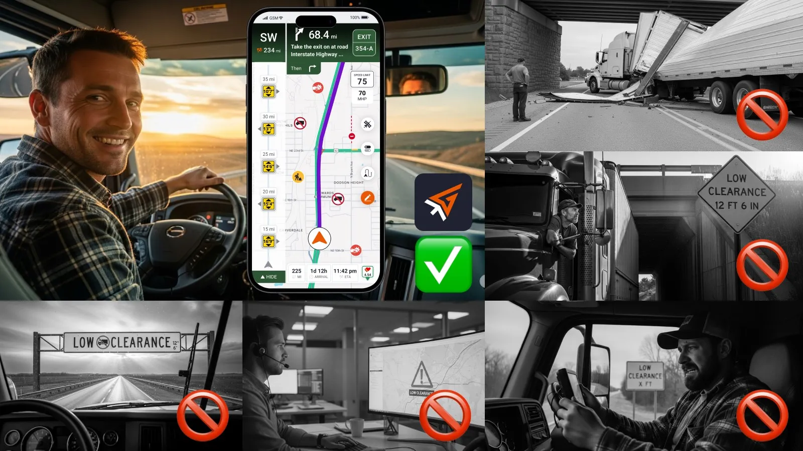 Driver using the Trucker Guide navigation app to plan and follow a truck route.