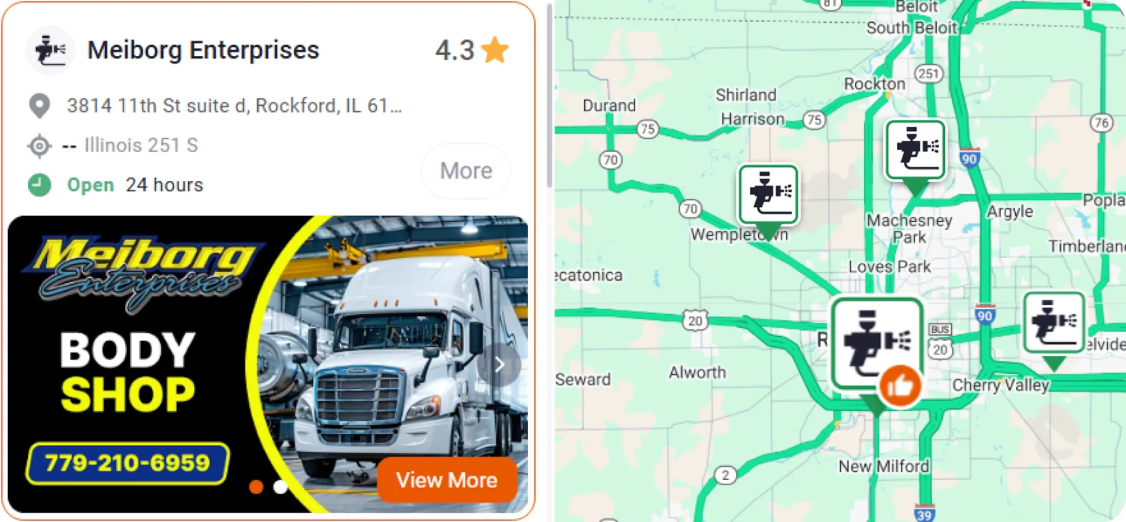 Trucker Guide listing for Meiborg Enterprises with contact details and promotion.