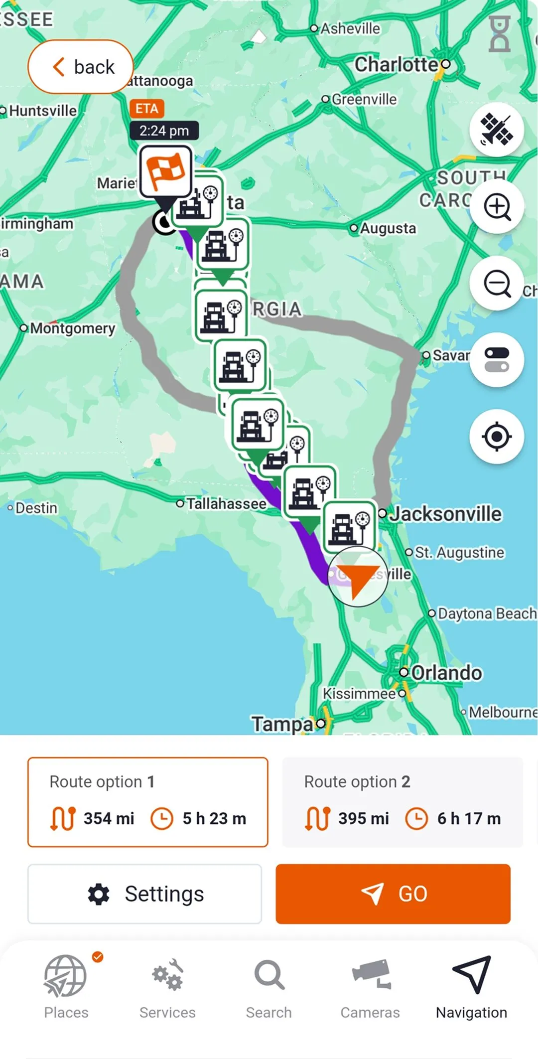 Trucker Guide navigation map showing truck scale locations marked as Points of Interest along a planned route.
