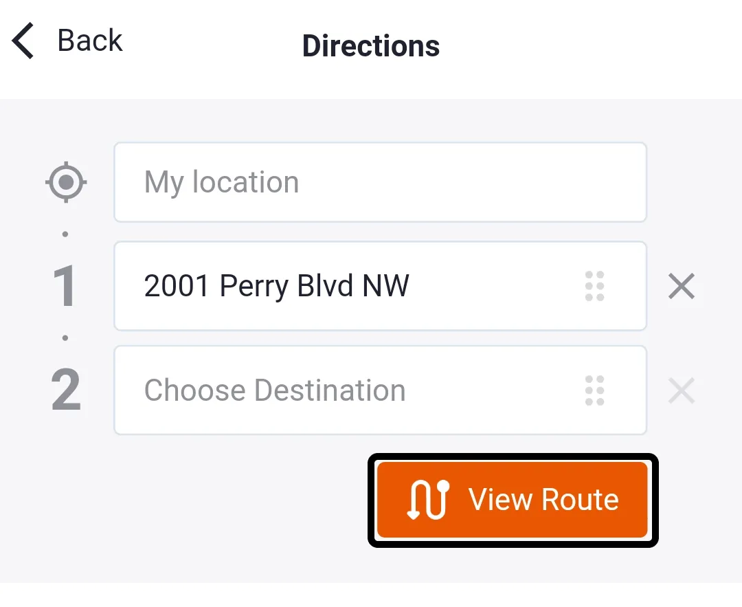 Trucker Guide Navigation screen showing the “View Route” button for reviewing route options after all stops have been added.