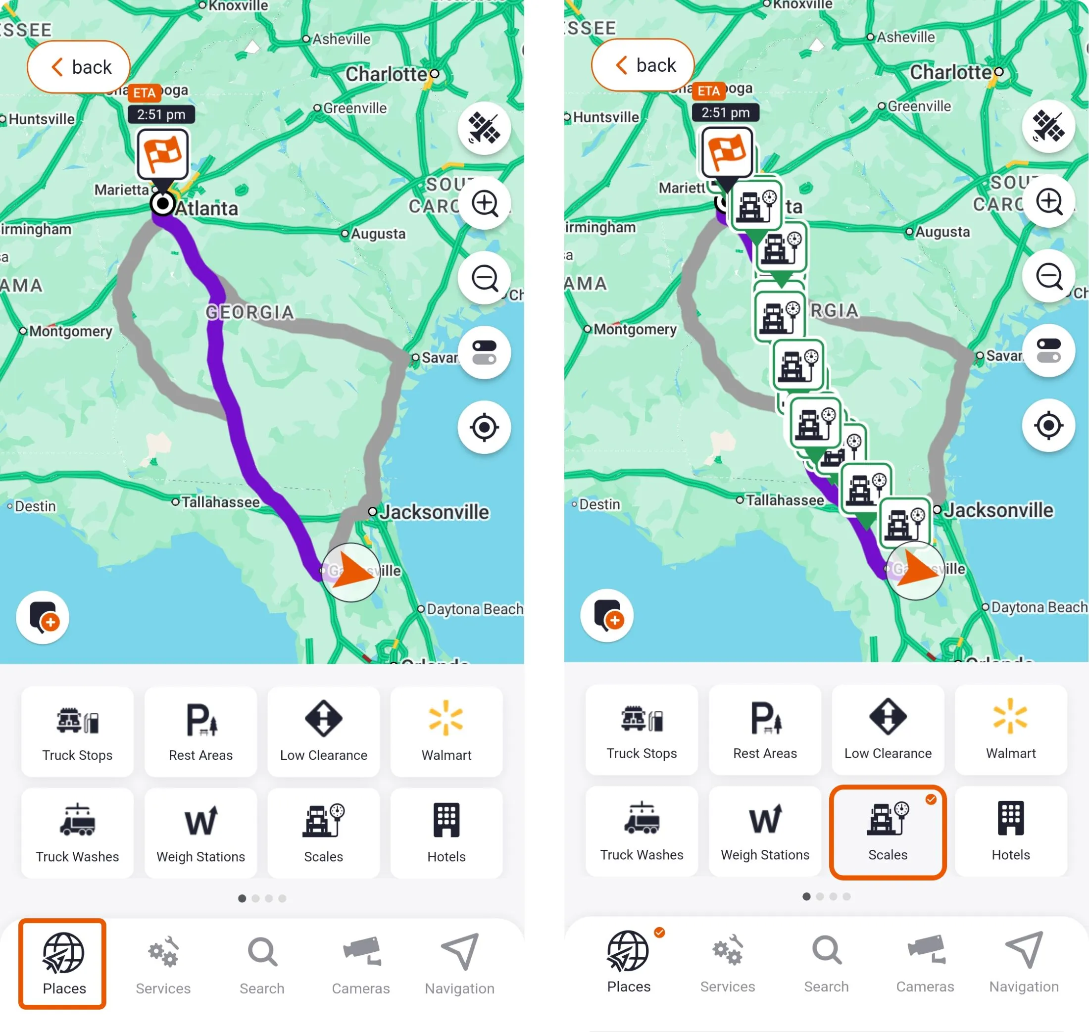 Trucker Guide Navigation screen showing the “Places” menu with “Scales” selected, highlighting certified truck scale locations along the route.