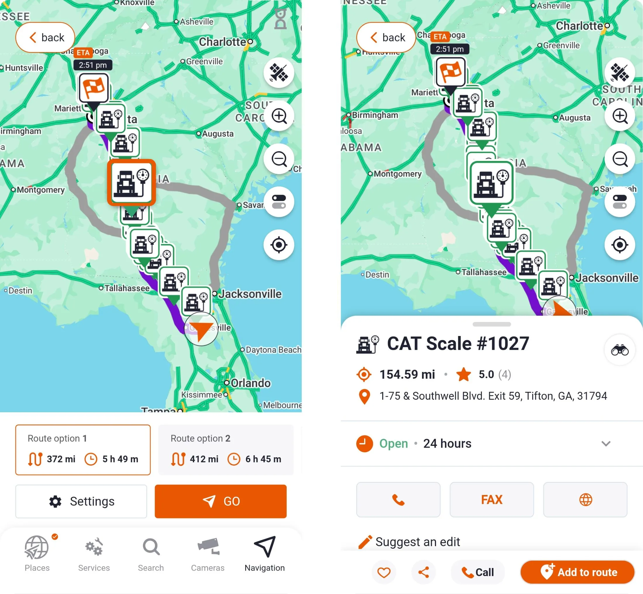 Trucker Guide Navigation screen showing the “View Route” button for reviewing available route options after all stops have been added.