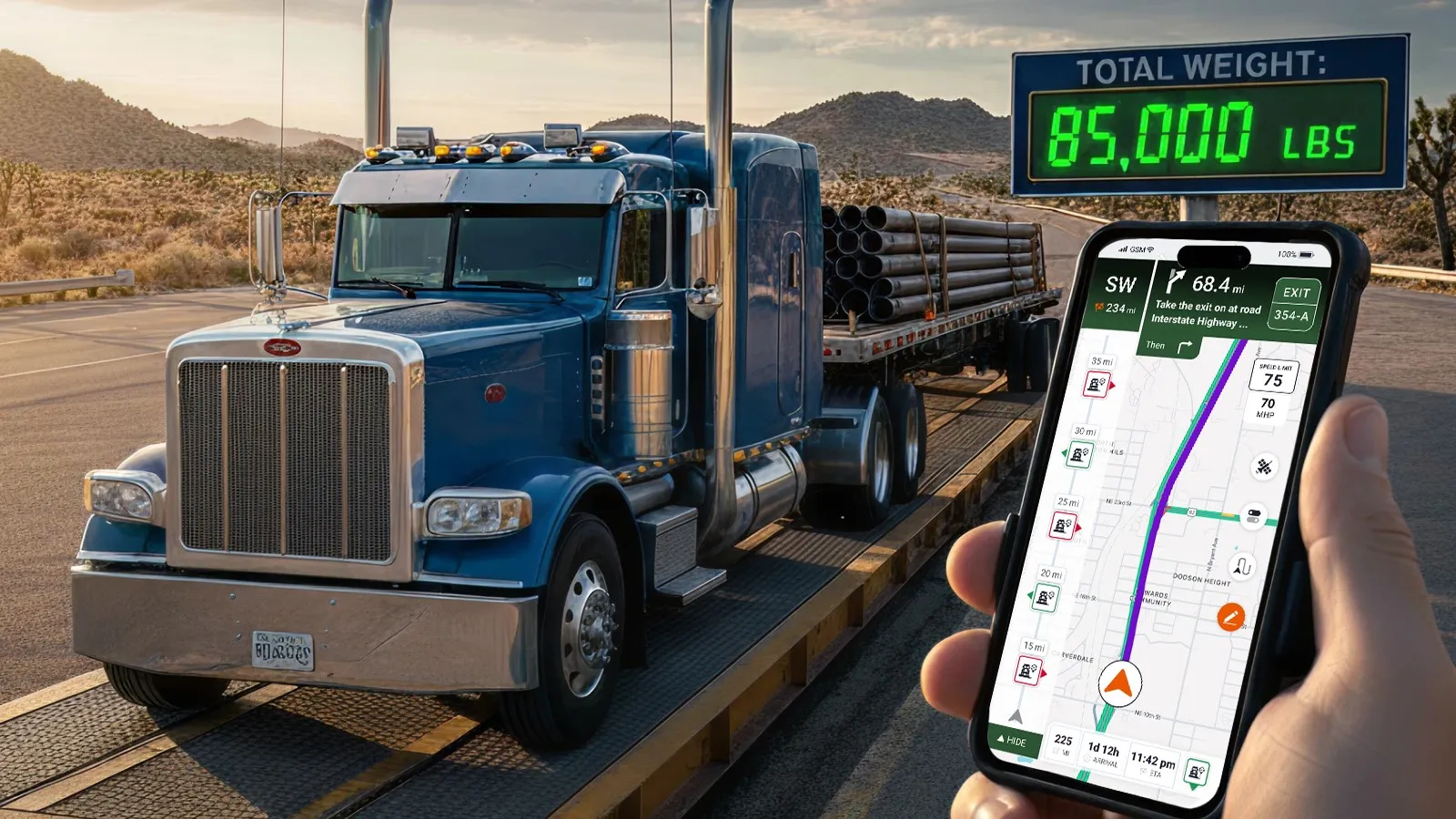 Semi-truck driving on a highway beside a smartphone displaying a Trucker Guide navigation map.