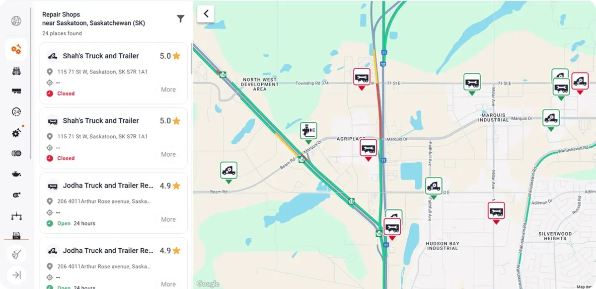 Trucker Guide for Business showcasing truck-specific listings for repair shops, tire providers, trailer services, and truck parts.