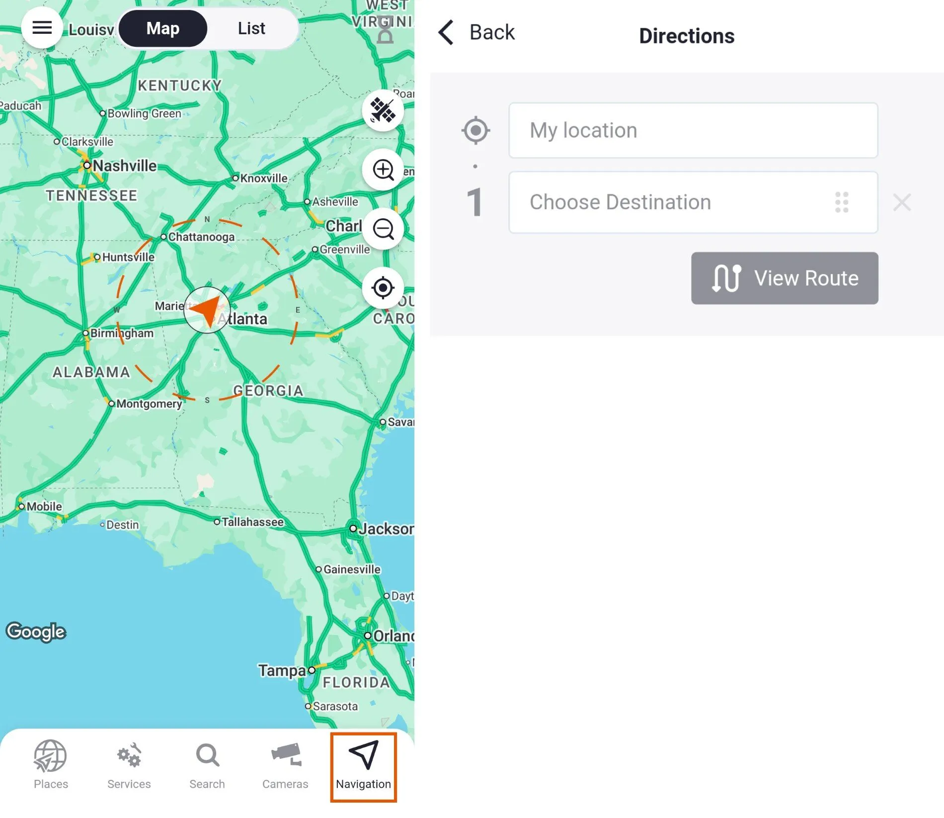 Trucker Guide Navigation screen for planning a safe long-haul route and entering a destination.